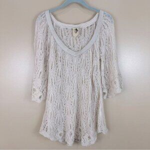 Black Sheep Ivory Boho Crochet 3/4 Bell Sleeve Suede Trim Sweater Large